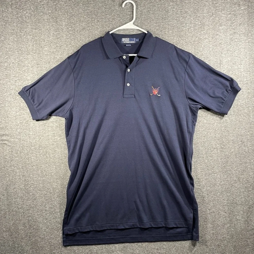 VTG Ralph Lauren Polo Golf Shirt Men Large Short Sleeve Club Shield Logo Blue